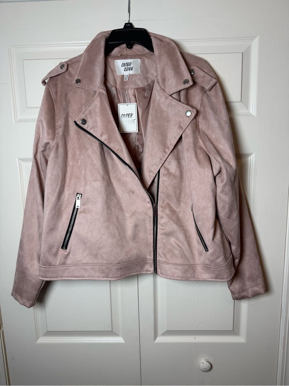 Outer Edge pink faux suede moto jacket